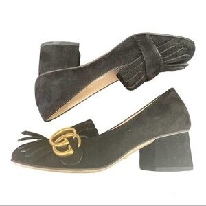 Gucci Shoes Marmont GG Logo Suede Fringe Flat Slip On Loafers Size 35